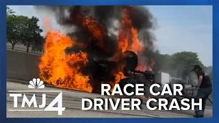 Driver suffers 2nd-degree burns after fiery race track crash