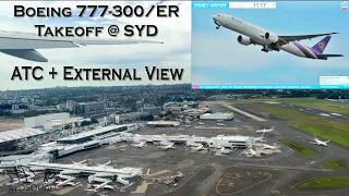 Thai Airways Boeing 777-300/ER Takeoff @ Sydney Airport + External View & ATC! Wing View HS-TKR