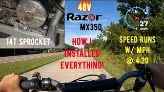 48v Razor MX350 -How I Installed The Motor/Controller/Battery/14t Sprocket Speed Runs w/ MPH @ 4:20