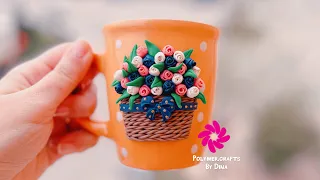Polymer clay beginner Mug flower basket |￼ ‏سلة ورود بالصلصال الحراري ماج المبتدئين￼