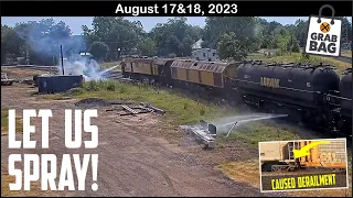 LET US SPRAY! RAILCAR TRUCK CAUSES CARS TO DERAIL! FENDER-BENDER TOO!