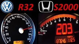 VW Golf 4 R32 vs Honda S2000 - 0-200 Acceleration Sound compare Onboard Autobahn