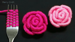 Easy Rose Flower Making Idea with Woolen - Hand Embroidery Amazing Trick - Sewing Hack - Wool Design