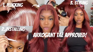 SLAY LIKE ARROGANT TAE *EXCLUSIVE TIPS* FOR PLUCKING, INSTALLING AND STYLING FT MEGA LOOKS RED WIG