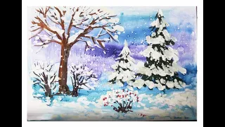 How to draw Winter. Winter landscape in gouache. Video drawing lessons for beginners