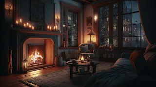 Cozy Cabin Ambience with Gentle Night Rain and Crackling Fireplace Sounds || Relaxing music