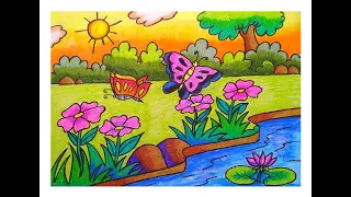 HOW TO DRAW BUTTERFLY SCENERY STEP BY STEP/EASY BUTTERFLY AND FLOWE IN THE GARDEN SCENERY DRAWING