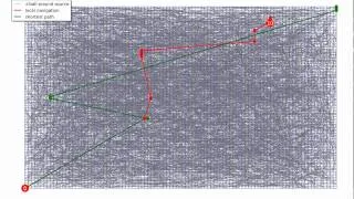 Network navigation in a small-world network (grid+shortcuts)