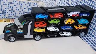 28 types of tomica and diecast cars sliding from big red truck to water