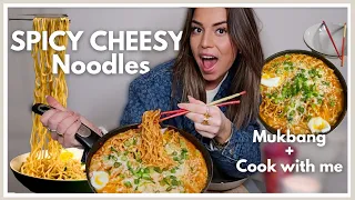 Spicy CHEESY NOODLES Mukbang🍜🌶🧀 + Cook  with me👩‍🍳 | Sara Verwoerd