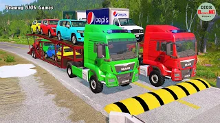 Double Flatbed Trailer Truck vs speed bumps|Busses vs speed bumps|Beamng Drive|825