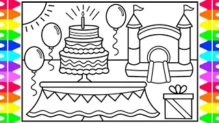 How to Draw a Birthday Party Cake for Kids 💜💚💙Birthday Party Cake Drawing and Coloring Pages