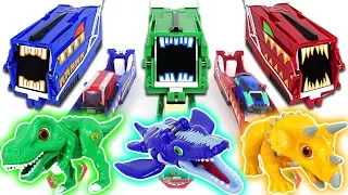 Dino Mecard Green, Blue, Red Car Shooter! Capture and Tiny dinosaurs fire!! - DuDuPopTOY