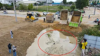 Really Great! Skills Driver Bulldozer & Dump Truck Working Push, Moving Stone Filling into Water