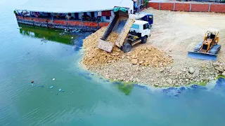 Update Project!! Dozer operator D20 & Truck 5ton Pushing stone drop on water !!!