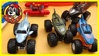 Monster Jam Toy Trucks Playing & Racing - Megalodon SHARK WEEK TV (Mosasaurus, Hammerhead, AVENGERS)