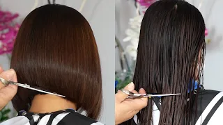 Beautiful bob haircut from long hair pass straightening ตัดผมบ๊อบสวย สวย คนผมยาว ผ่านการยืดผมมาแล้ว