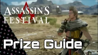 Final Fantasy XV! Prize Guide for Assassin's Festival! Costumes, weapon, decals & Recipehhhh!