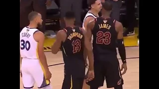 LEBRON JAMES PUSH STEPHEN CURRY & KLAY THOMPSON GAME 1 FINAL 2018