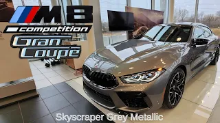 NEW ARRIVAL!  2023 BMW M8 Competition Gran Coupe Skyscraper Grey Metallic on Black/Sakhir Orange