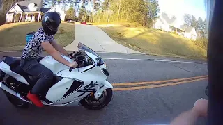 Riding motorcycles together. Harley-Davidson fat bob & Suzuki Hayabusa (Dad & Son)