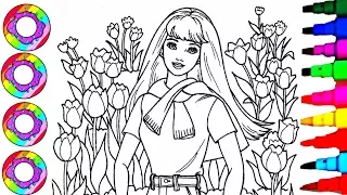 Rainbow Learning Colors Coloring Disney's Barbie in the Tulips Garden Coloring Pages l How to Color