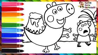 Drawing And Coloring Peppa Pig Running Away From Dinosaur Geroge Pig 🐷🦖🌋 Drawings For Kids