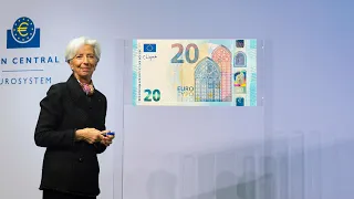 Christine Lagarde, President of the ECB, signing the euro banknotes, 28 November 2019