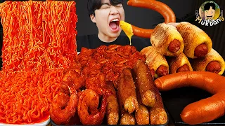 ASMR MUKBANG | RICE CAKE Tteokbokki, Fire Noodles, sausage, hot dog recipe ! eating