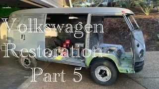 Restoring a 1964 Volkswagen bus Part # 5 more body work, spraying undercoating and primer.