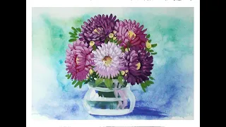 How to draw flowers step by step. Bouquet of flowers. Asters. Gouache drawing for beginners.