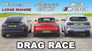 Porsche Macan GTS v BMW X3 M40d v Tesla Model Y DRAG RACE