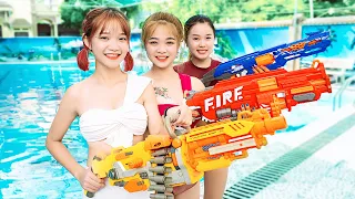 VTL Nerf War: Three SEAL Girls SWIMMING COMPETITION Warriors Nerf Guns Fight Ringman at Underwater