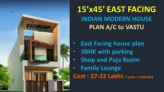 15X 45 EAST FACING MODERN HOUSE PLAN WITH SHOP, 3BHK,WITH PARKING RESIDENTIAL FLOOR PLAN