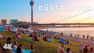 Düsseldorf 🇩🇪Walking Tour. Evening walk along the Rheinpromenade. Beautiful sunset in 4K