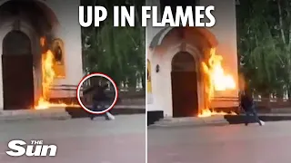 Moment anti-Putin protester hurls Molotov cocktail at Russian military church setting it on fire