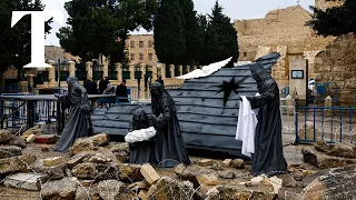 Nativity scene placed amid rubble and razor wire in Bethlehem