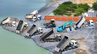 EP479,Bulldozer SHANTUI Push Rock In Water Lake SWith Truck SHACMAN Unloading Rock