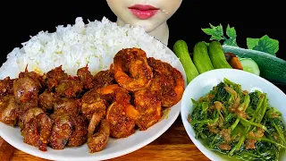 SPICY SHRIMP TOMATO CURRY, SPICY CHICKEN HEART CURRY, STIR FRY GREEN AMARANTH LEAVES