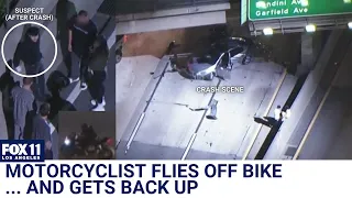 Motorcyclist flies off bike after breaking 100 mph on 5 FWY – and survives crash