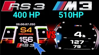 bmw M3 510 hp  vs  NEW Audi RS3 400 HP DragRace Sound 0 -250 km/h