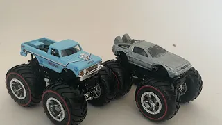 Hotwheels Monster Trucks 2023 Back to the Future Iced Time Machine and Ms. Bigfoot T-Hunts Review