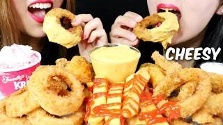 ASMR CHEESY FRIED FOOD FEAST (ONION RINGS + FRIED CHICKEN + FRIES) 리얼사운드 먹방 | Kim&Liz ASMR