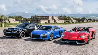 Forza Horizon 5 Drag race: Aventador J vs Dodge Demon vs Audi R8 V10 Plus