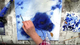 FLORAL PAINTING/ BLUE FLOWERS/ACRYLIC/ 3 color + gold/ MariArtHome