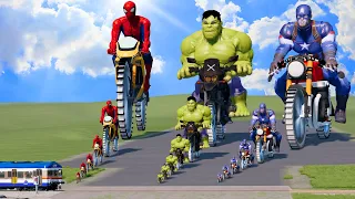 Big & Small: Spiderman vs Hulk vs Captain America on a motorcycle with Saw Wheels | BeamNG.Drive