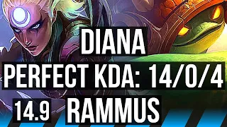 DIANA vs RAMMUS (MID) | 14/0/4, Legendary, 500+ games | KR Grandmaster | 14.9