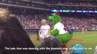 Phillie Phanatic dancing on the dugout