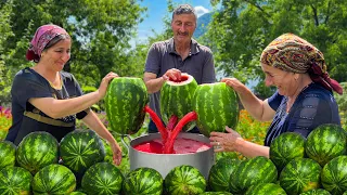 Cooking Delicious Watermelon Jam And Juice Together With Grandma! Homemade Sweetness