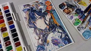 coloring using gouache step by step || anime fanart watercolor painting